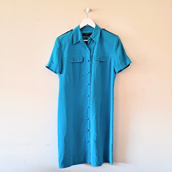 August Silk Blue Collar S/S Silk Button Down Dress - Picture 1 of 9
